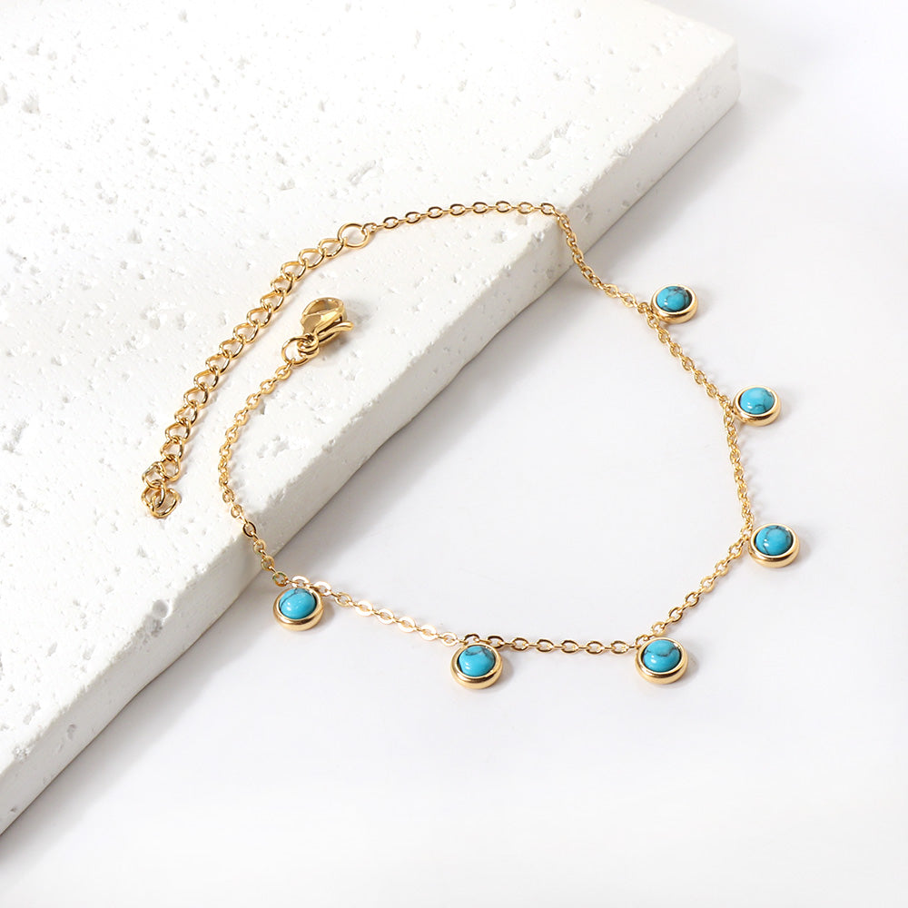 6 round white half pearls & blue turquoise anklet 20+5cm steel color gold color asonjewelry