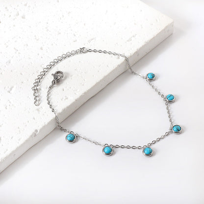6 round white half pearls & blue turquoise anklet 20+5cm steel color gold color asonjewelry
