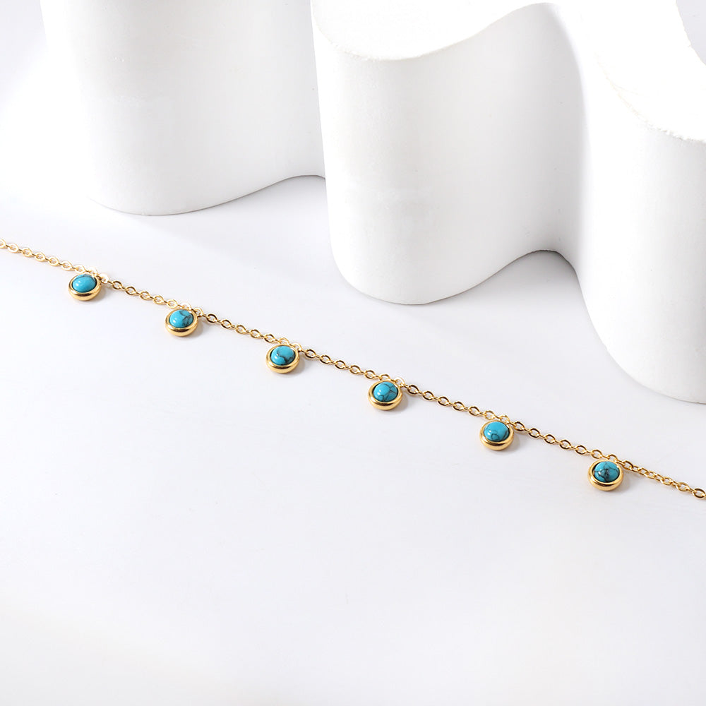 6 round white half pearls & blue turquoise anklet 20+5cm steel color gold color asonjewelry