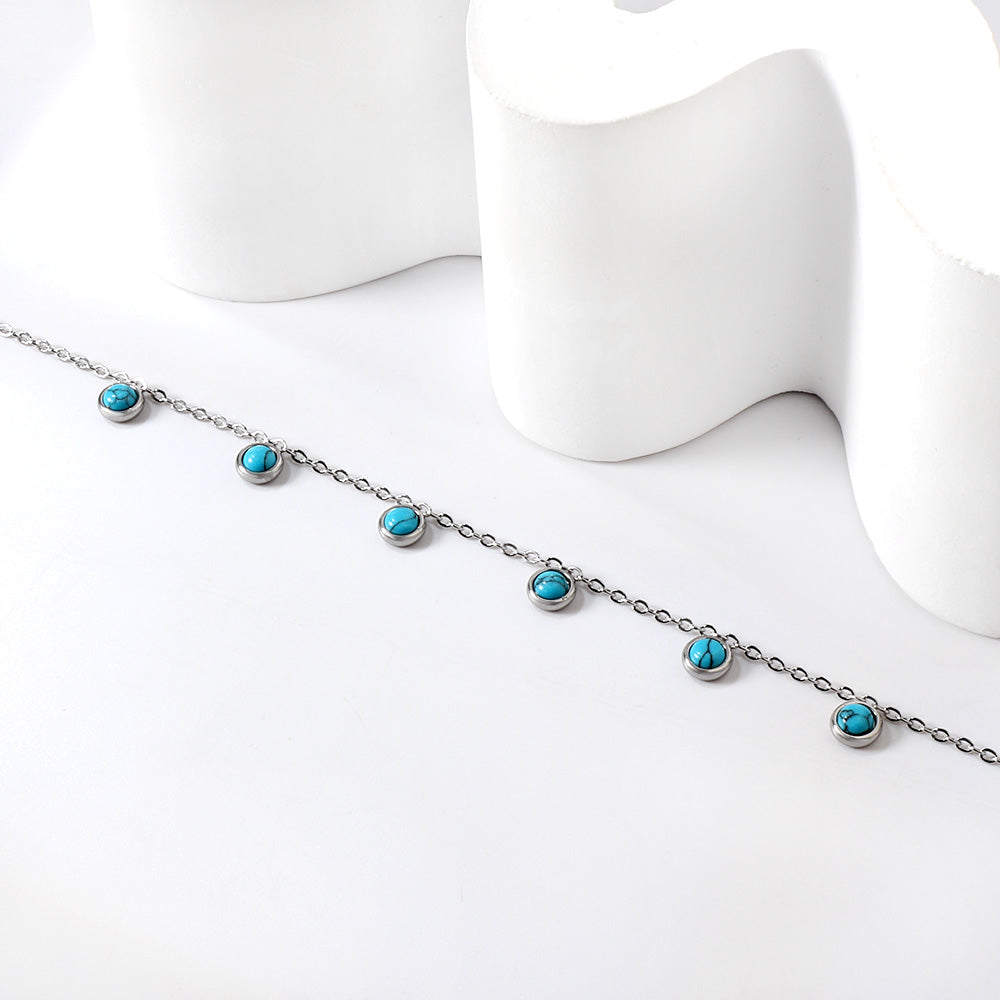 6 round white half pearls & blue turquoise anklet 20+5cm steel color gold color asonjewelry