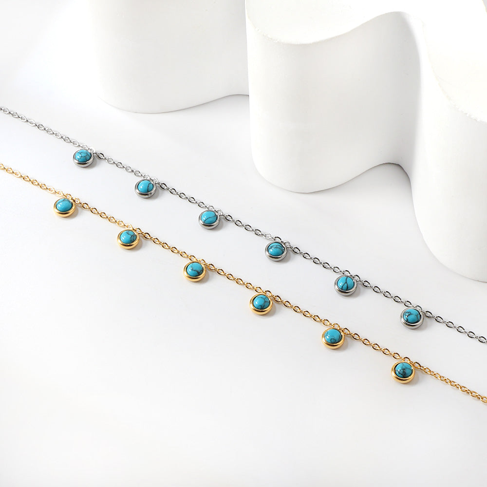 6 round white half pearls & blue turquoise anklet 20+5cm steel color gold color asonjewelry