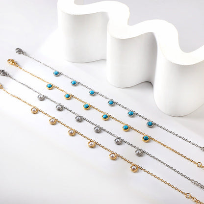 6 round white half pearls & blue turquoise anklet 20+5cm steel color gold color asonjewelry