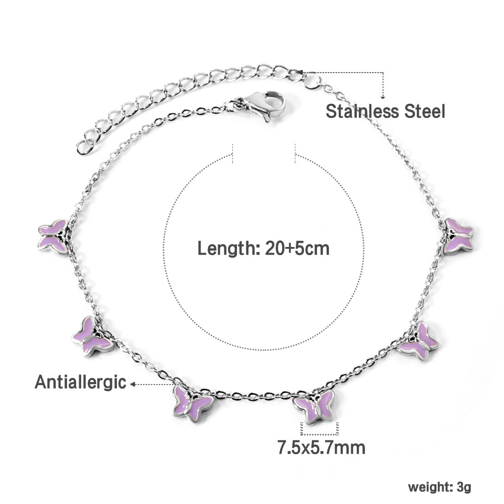 6 Purple & Blue Butterfly Butterfly Anklet 20+5cm Steel Gold asonjewelry