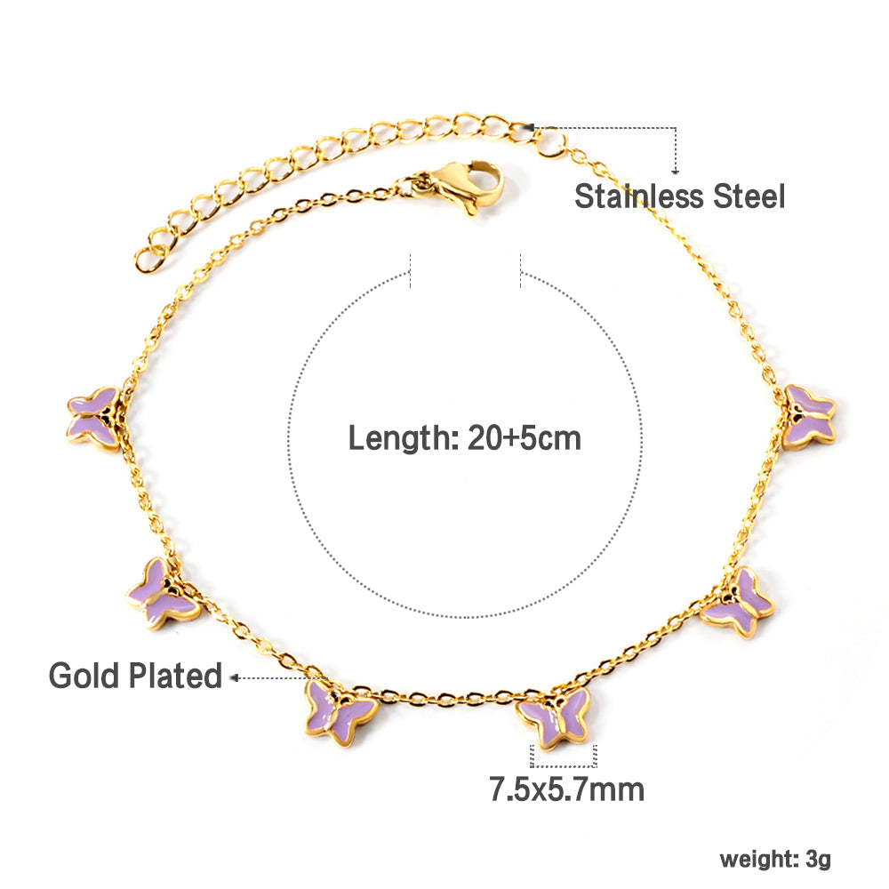 6 Purple & Blue Butterfly Butterfly Anklet 20+5cm Steel Gold asonjewelry