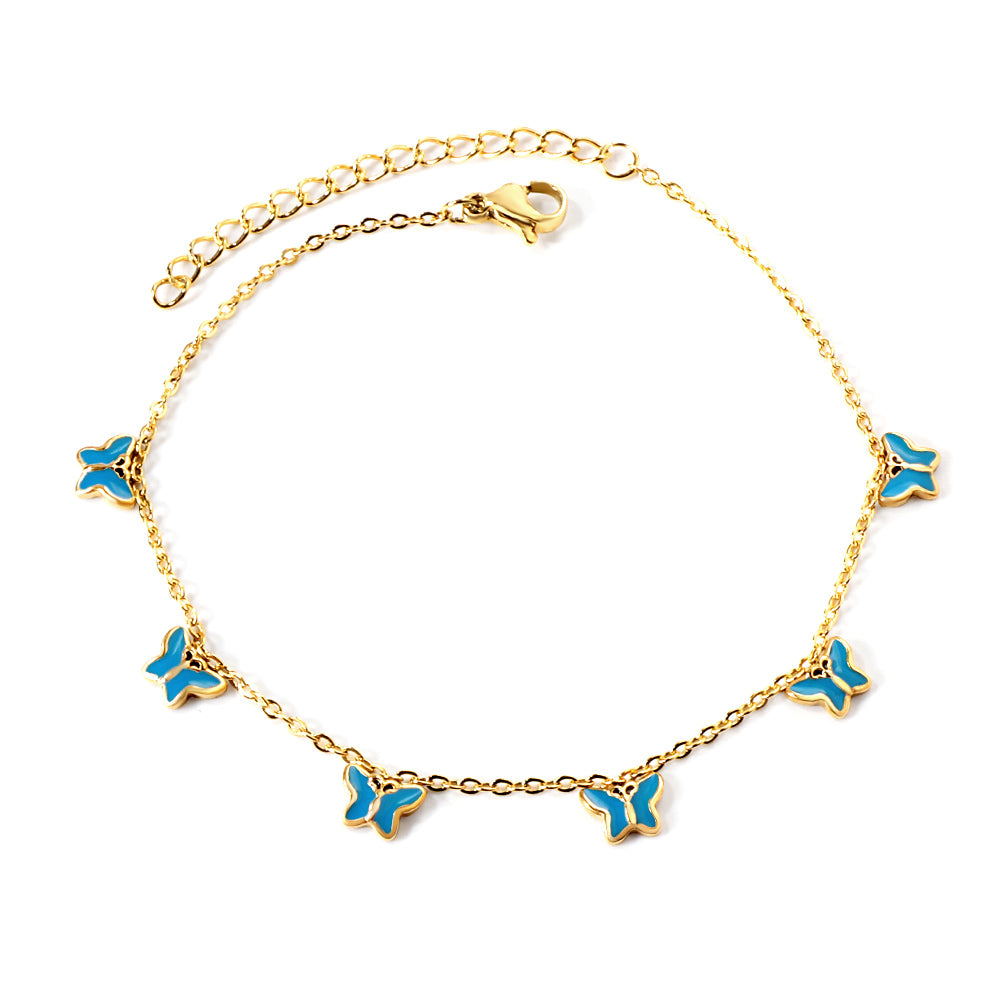 6 Purple & Blue Butterfly Butterfly Anklet 20+5cm Steel Gold asonjewelry