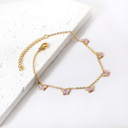 6 Purple & Blue Butterfly Butterfly Anklet 20+5cm Steel Gold asonjewelry