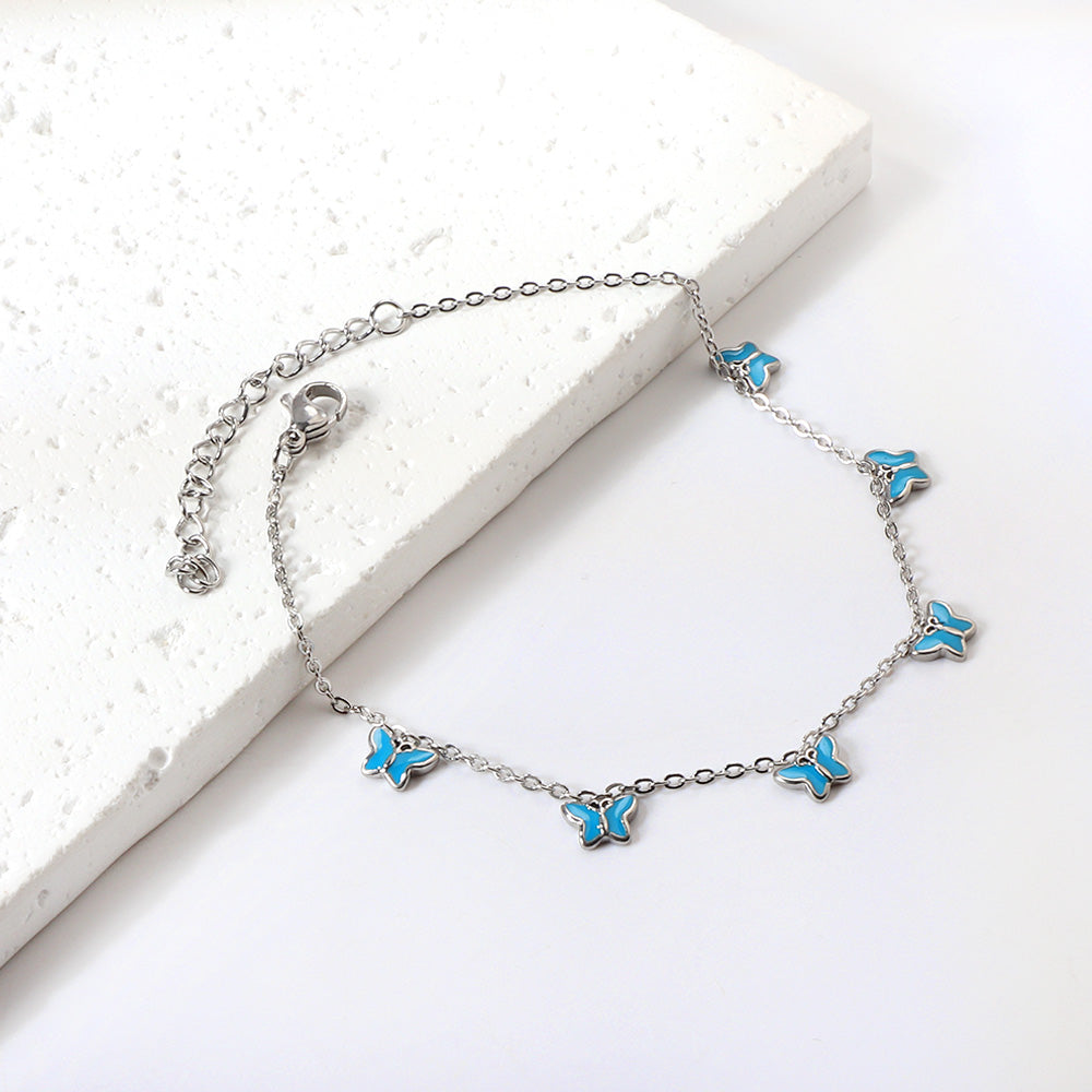 6 Purple & Blue Butterfly Butterfly Anklet 20+5cm Steel Gold asonjewelry