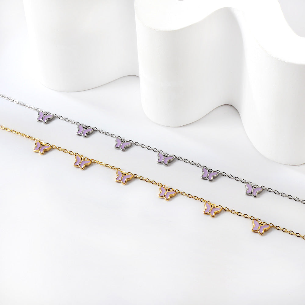 6 Purple & Blue Butterfly Butterfly Anklet 20+5cm Steel Gold asonjewelry