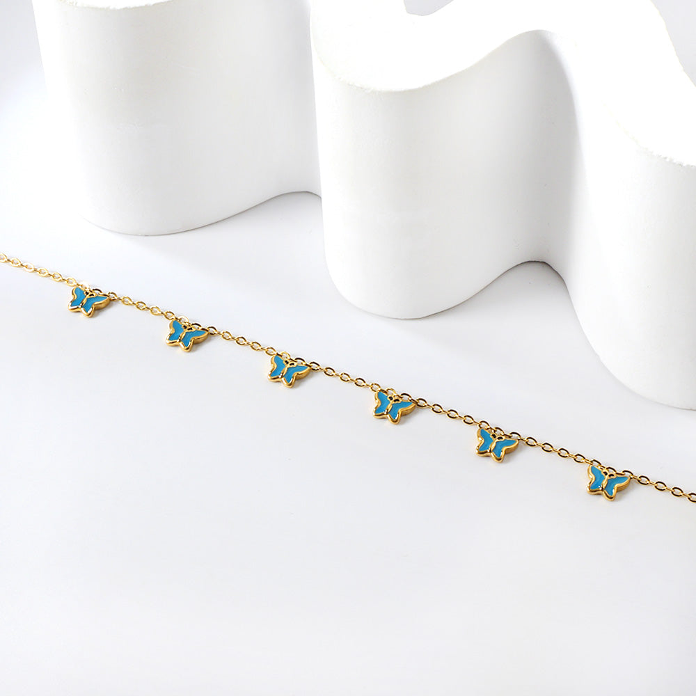 6 Purple & Blue Butterfly Butterfly Anklet 20+5cm Steel Gold asonjewelry