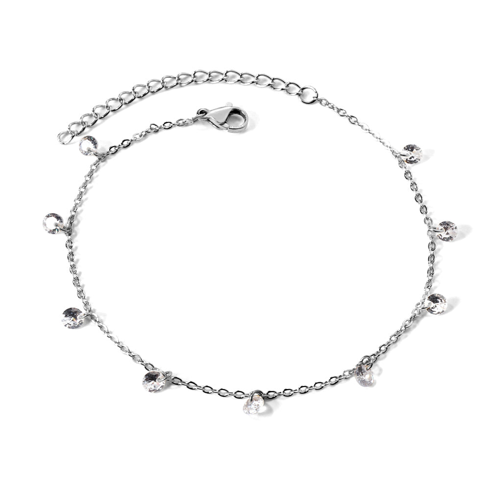 9 white & purple & pink & mixed diamonds anklet 20+5cm steel color gold color asonjewelry