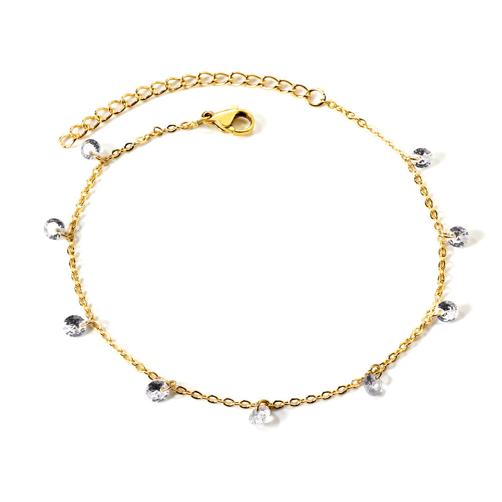 9 white & purple & pink & mixed diamonds anklet 20+5cm steel color gold color asonjewelry