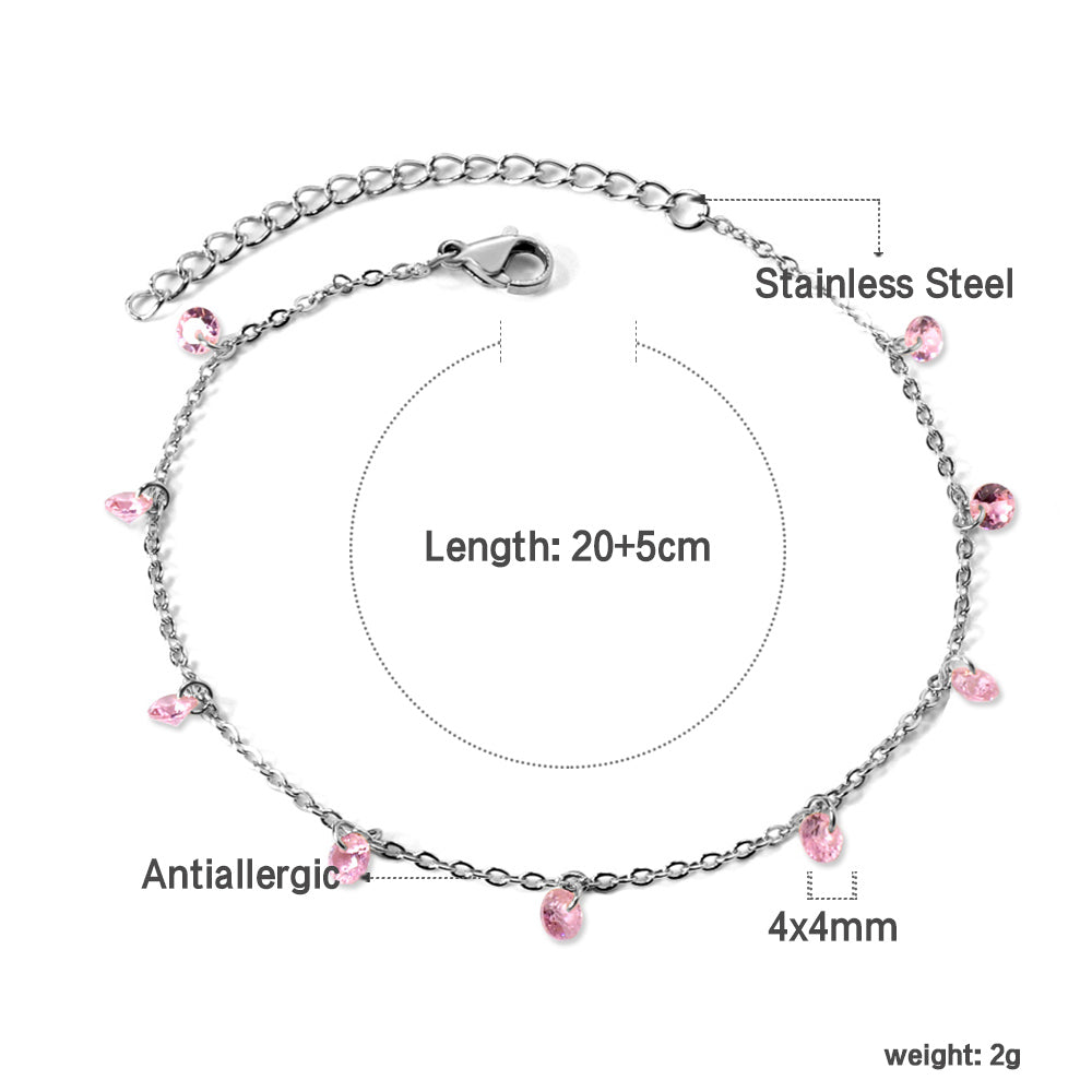 9 white & purple & pink & mixed diamonds anklet 20+5cm steel color gold color asonjewelry