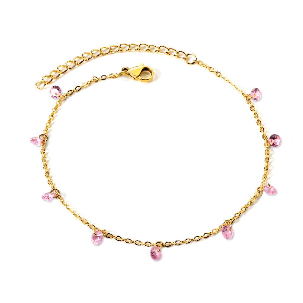 9 white & purple & pink & mixed diamonds anklet 20+5cm steel color gold color asonjewelry