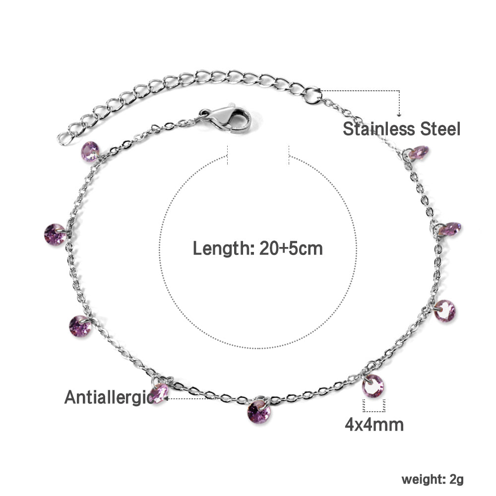 9 white & purple & pink & mixed diamonds anklet 20+5cm steel color gold color asonjewelry