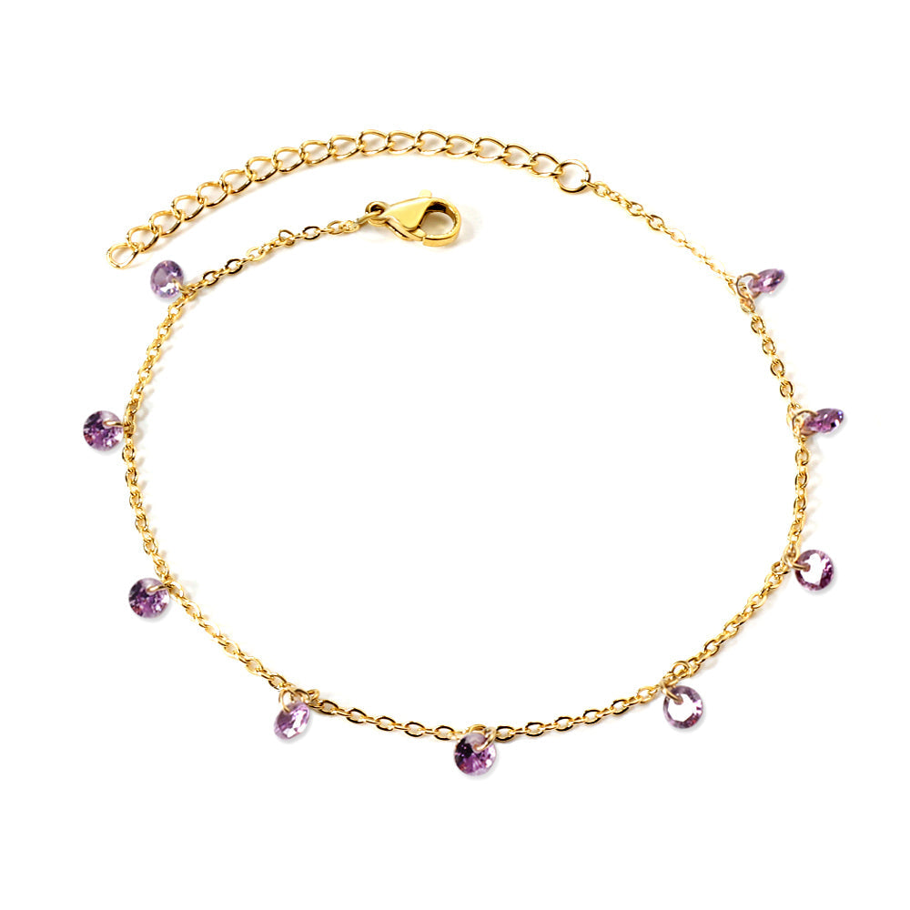 9 white & purple & pink & mixed diamonds anklet 20+5cm steel color gold color asonjewelry