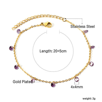 9 white & purple & pink & mixed diamonds anklet 20+5cm steel color gold color asonjewelry
