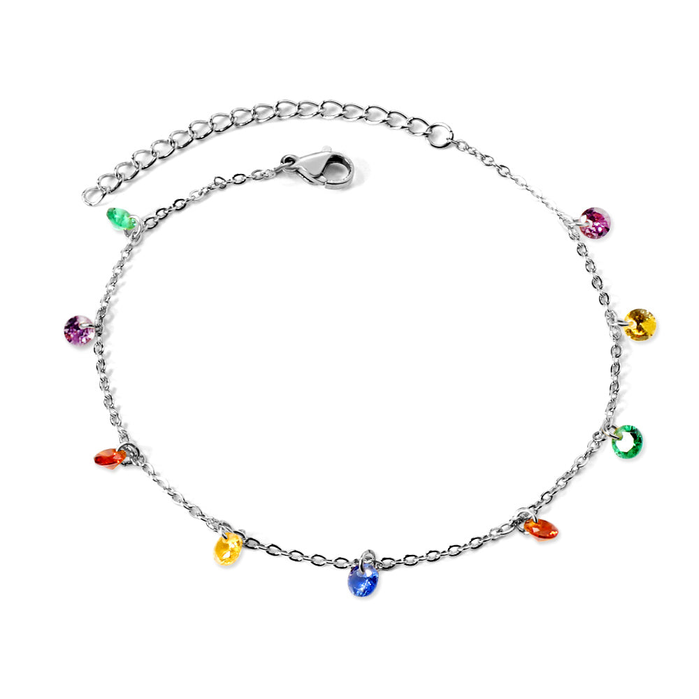 9 white & purple & pink & mixed diamonds anklet 20+5cm steel color gold color asonjewelry
