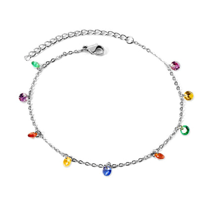 9 white & purple & pink & mixed diamonds anklet 20+5cm steel color gold color asonjewelry