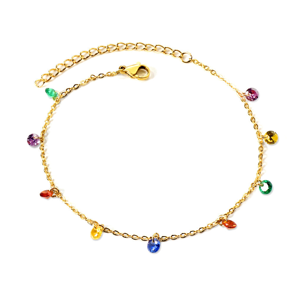 9 white & purple & pink & mixed diamonds anklet 20+5cm steel color gold color asonjewelry