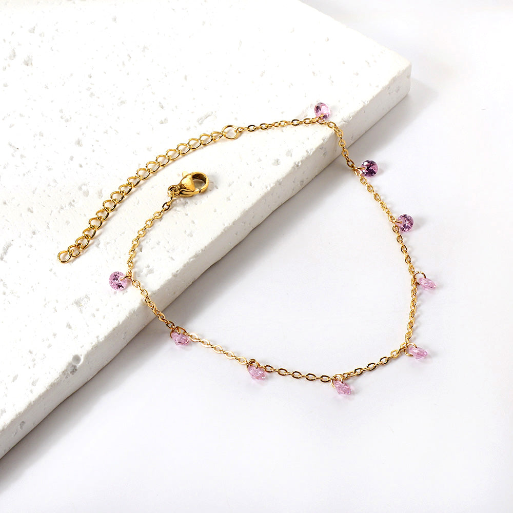 9 white & purple & pink & mixed diamonds anklet 20+5cm steel color gold color asonjewelry