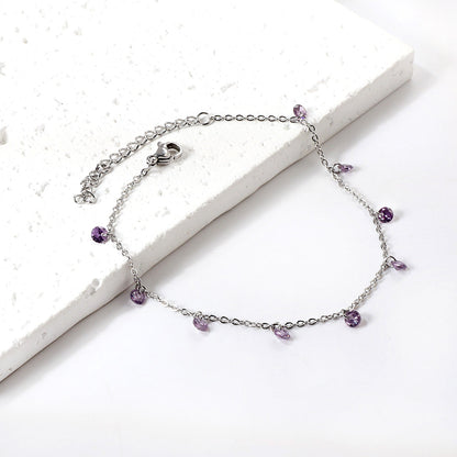 9 white & purple & pink & mixed diamonds anklet 20+5cm steel color gold color asonjewelry