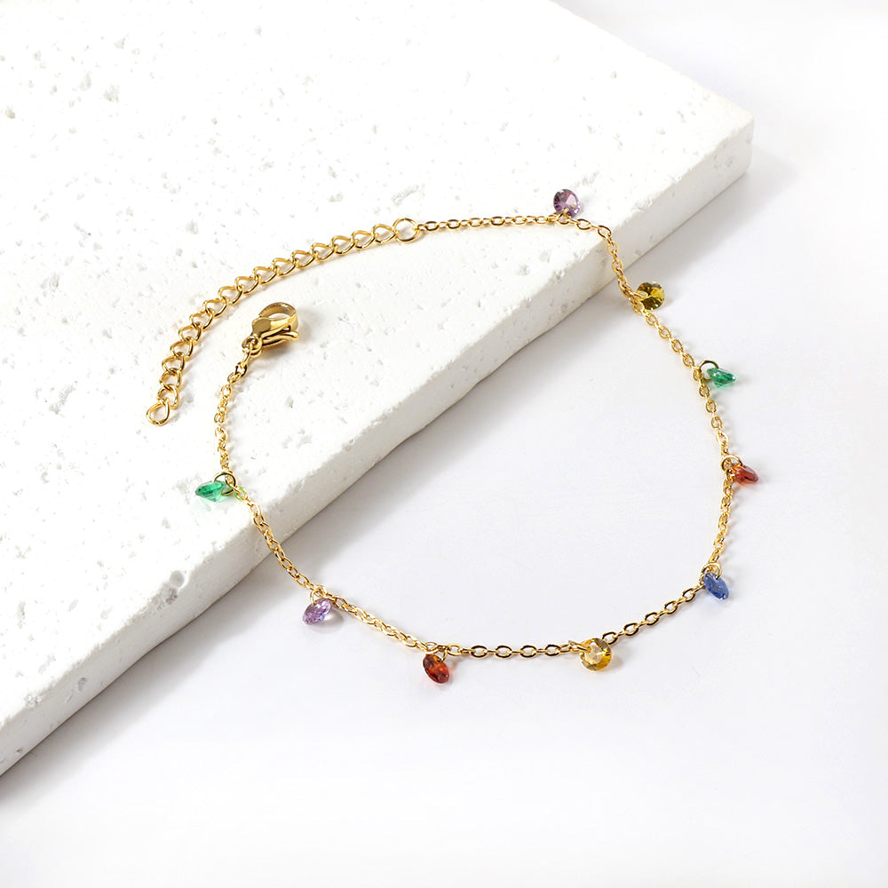 9 white & purple & pink & mixed diamonds anklet 20+5cm steel color gold color asonjewelry