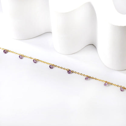 9 white & purple & pink & mixed diamonds anklet 20+5cm steel color gold color asonjewelry