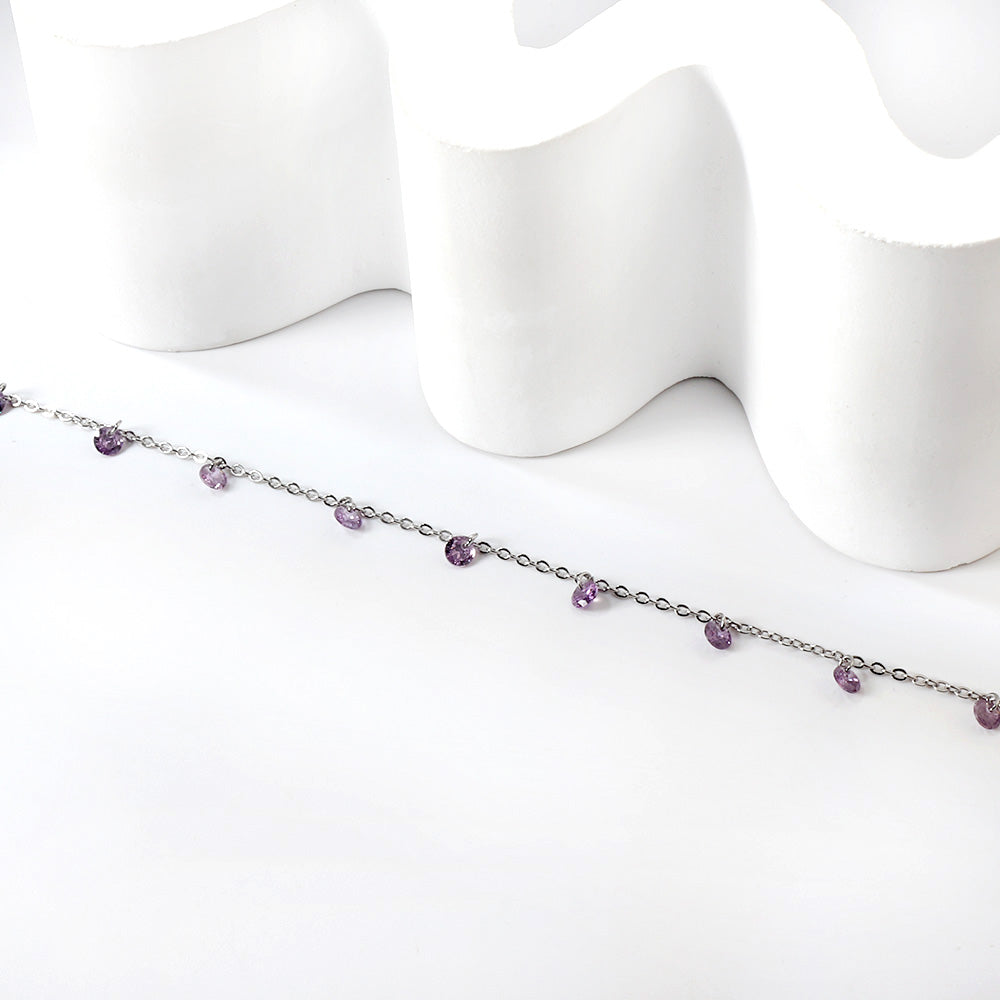 9 white & purple & pink & mixed diamonds anklet 20+5cm steel color gold color asonjewelry