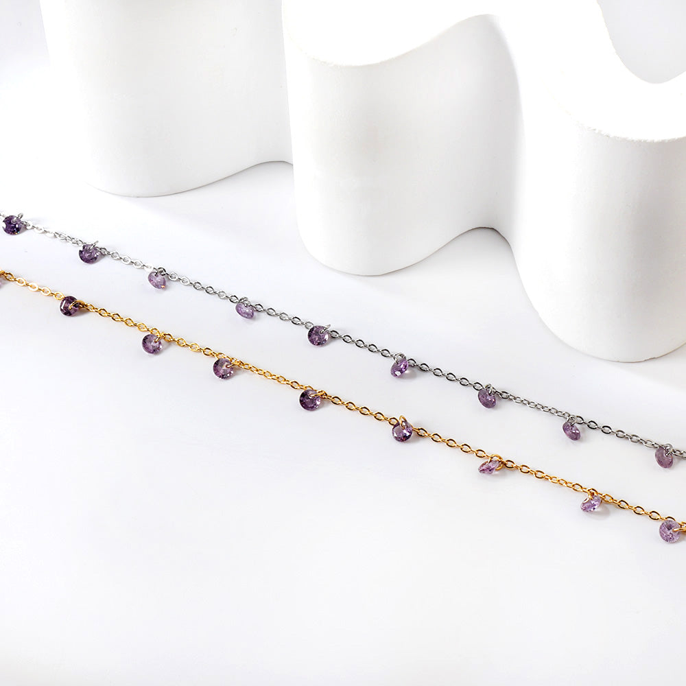 9 white & purple & pink & mixed diamonds anklet 20+5cm steel color gold color asonjewelry