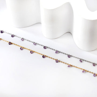 9 white & purple & pink & mixed diamonds anklet 20+5cm steel color gold color asonjewelry