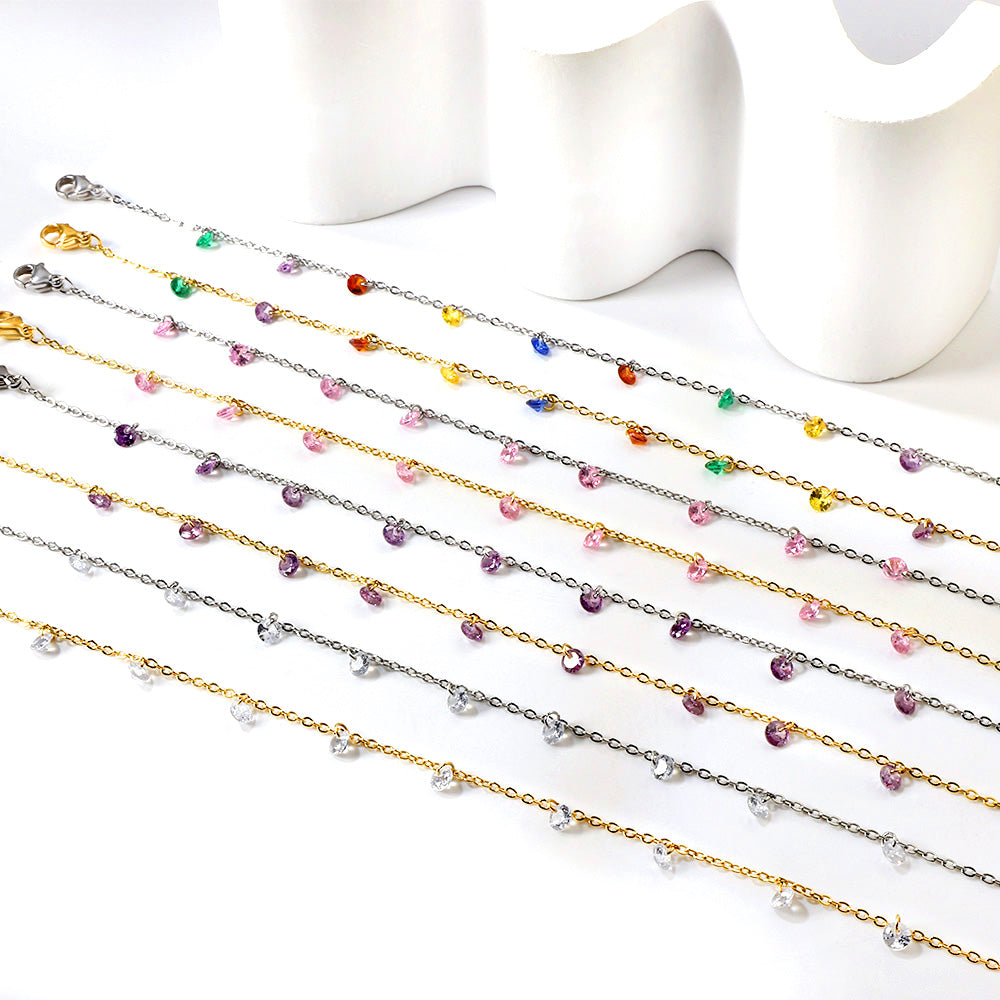 9 white & purple & pink & mixed diamonds anklet 20+5cm steel color gold color asonjewelry