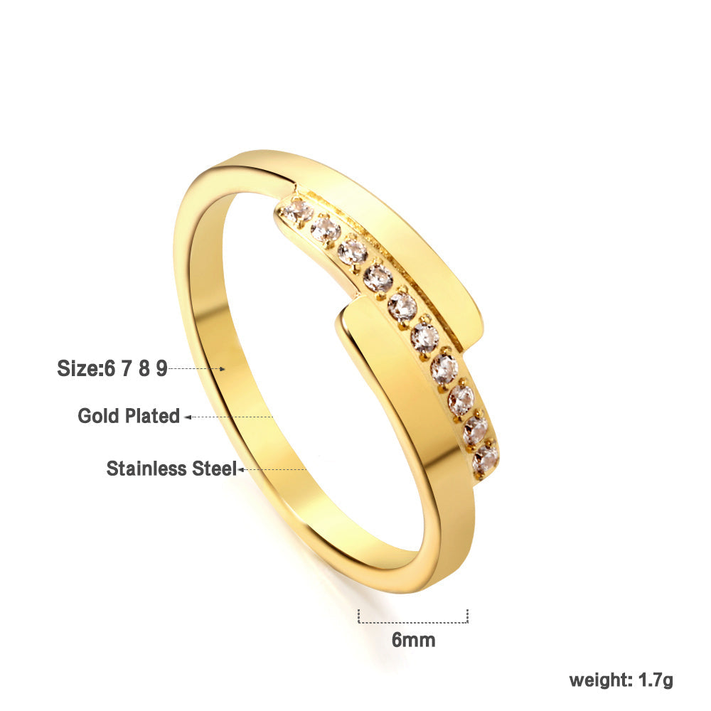 Fashion new step ladder set diamond ring flash zirconium stainless steel 18K gold index finger ring niche personality asonjewelry