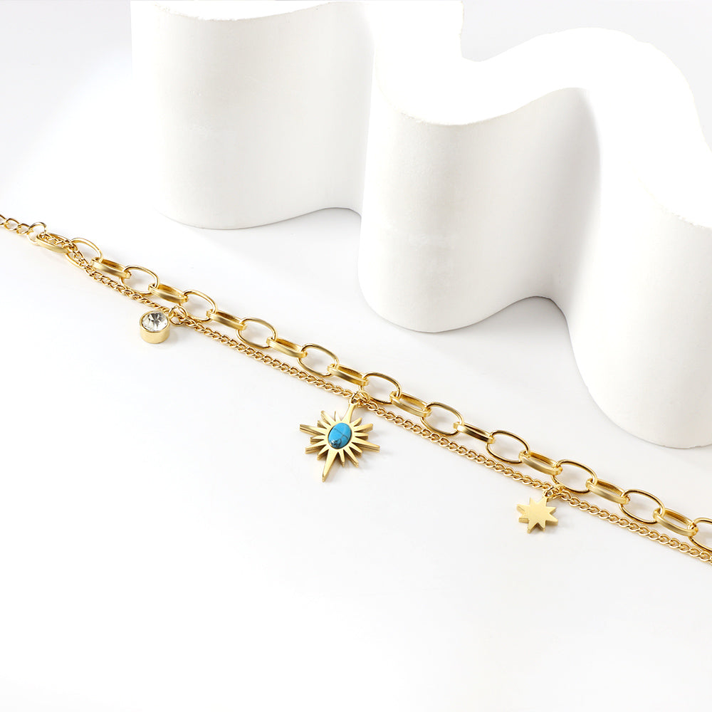 Lucky Star Belt Blue Turquoise Stone + Lucky Star + Cylindrical White Diamond Accessories Double Bracelet 18+4cm Gold asonjewelry