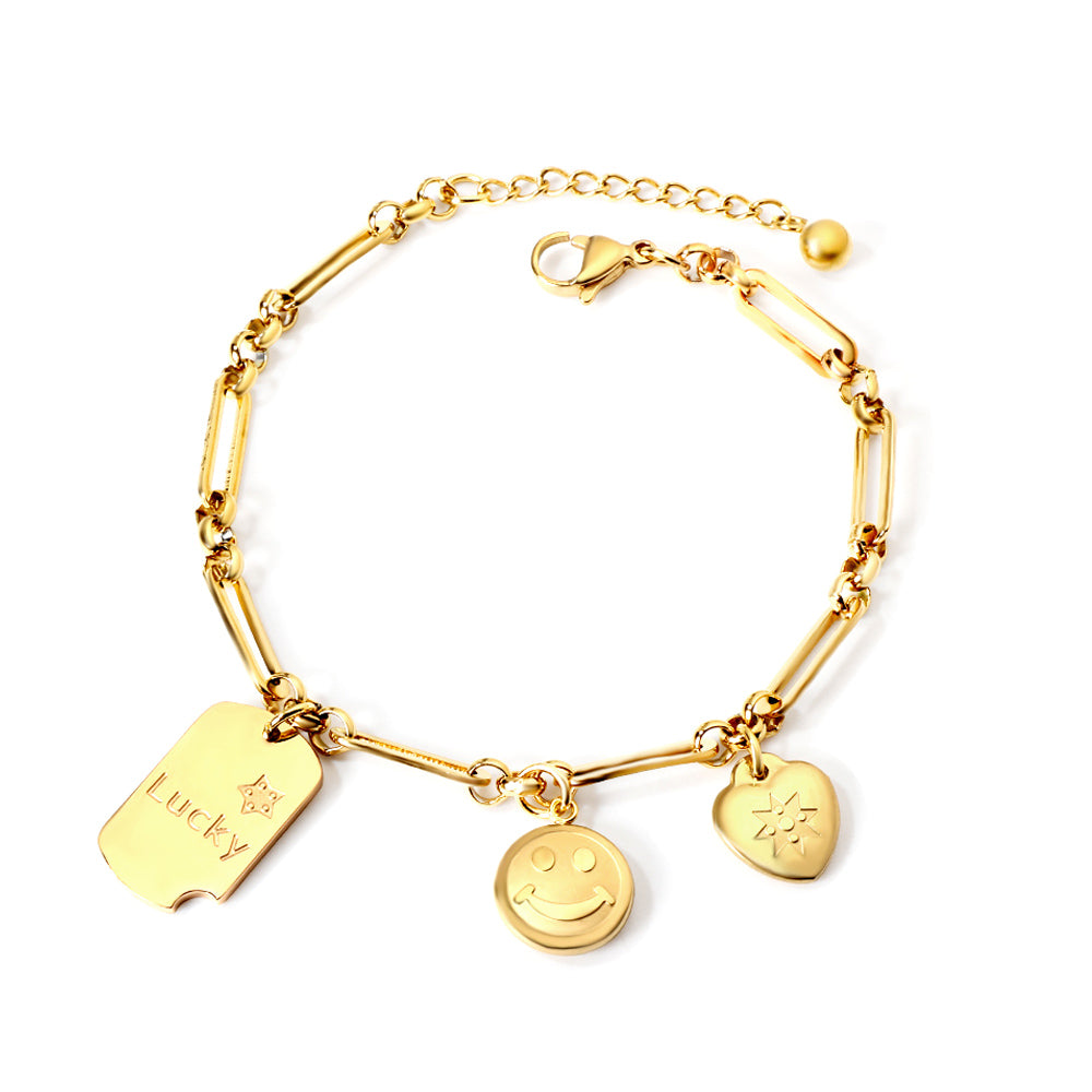 Rectangular round + round smile + sun heart-shaped accessory bracelet 17+5cm gold asonjewelry