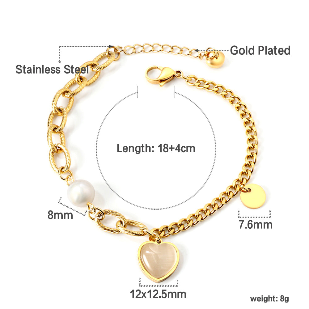 White Pearl + Heart Shape with White Zirconia + Round Accessories Bracelet 18+4cm Gold asonjewelry