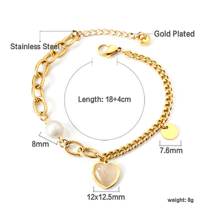 White Pearl + Heart Shape with White Zirconia + Round Accessories Bracelet 18+4cm Gold asonjewelry