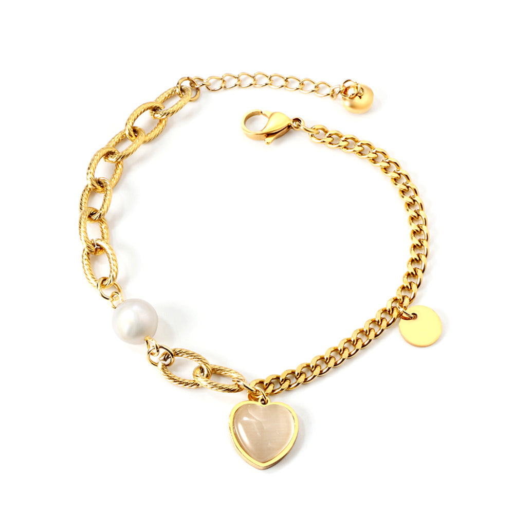 White Pearl + Heart Shape with White Zirconia + Round Accessories Bracelet 18+4cm Gold asonjewelry