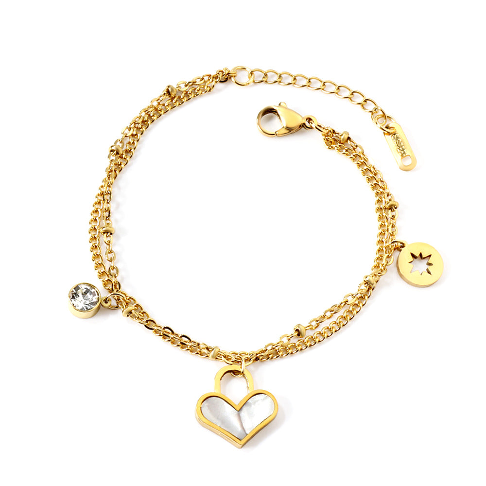 2024 New Year's Cylindrical White Diamonds + Round Hollowed Out Lucky Star + Lock Heart Shaped White Shell Accessories Bead Chain Double Hand Chain 17+5cm asonjewelry