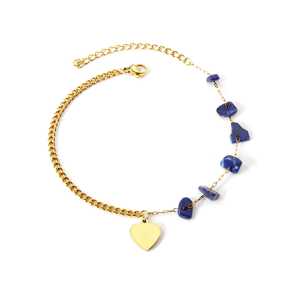 6 Blue Alien Zirconia + Half Matching Chain with Heart Anklet 21+5cm Gold Color asonjewelry