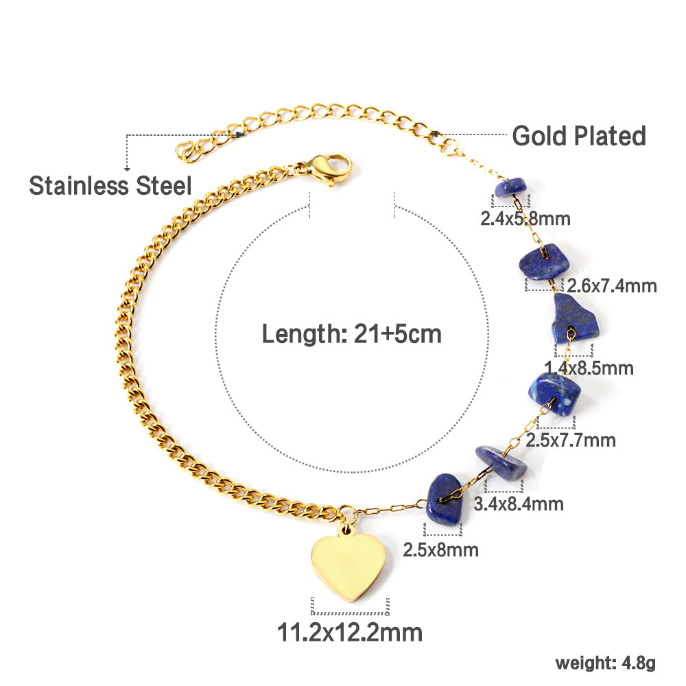 6 Blue Alien Zirconia + Half Matching Chain with Heart Anklet 21+5cm Gold Color asonjewelry