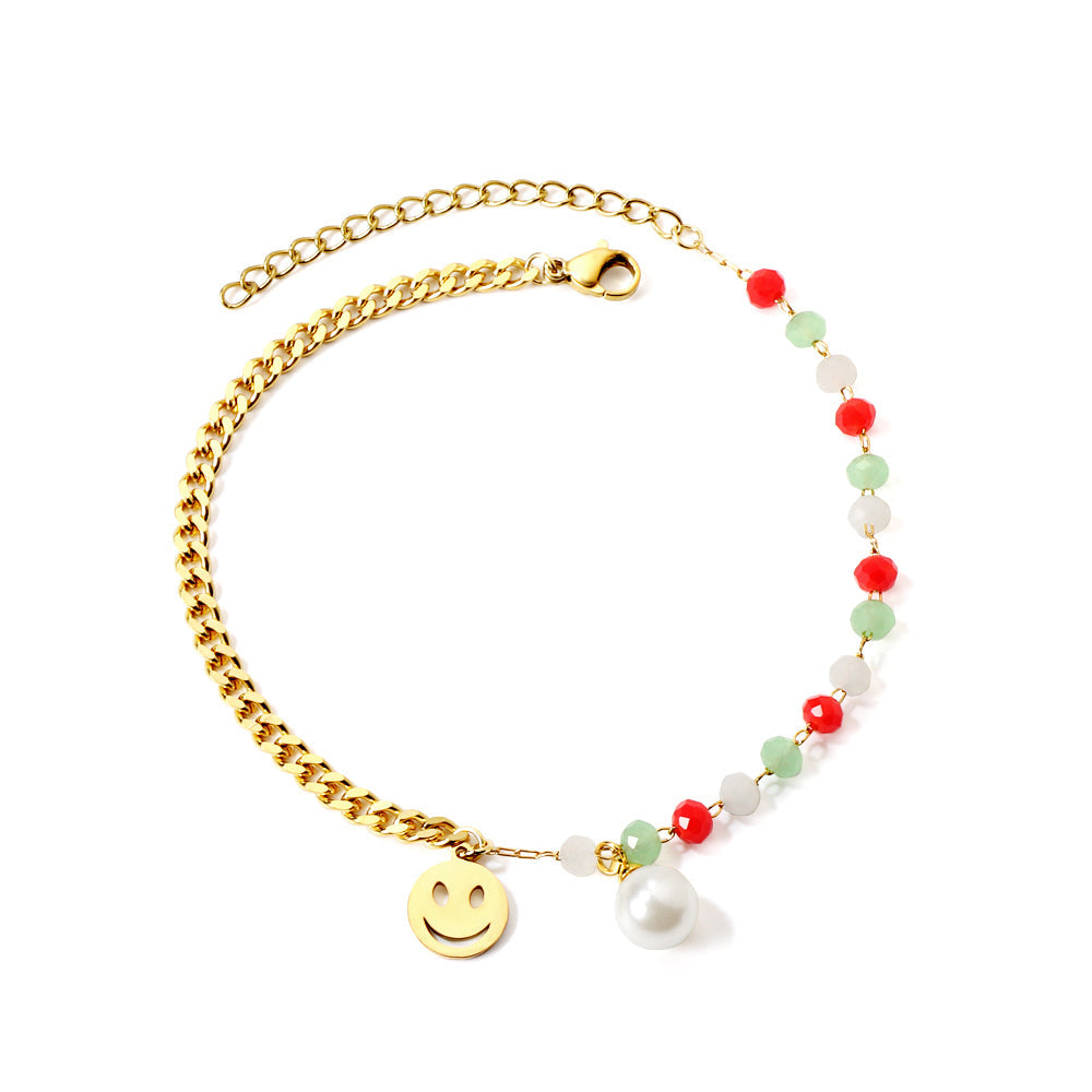 15 mixed color zirconia + semi-matching chain with round smiley face + white pearl anklet 21+5cm gold asonjewelry