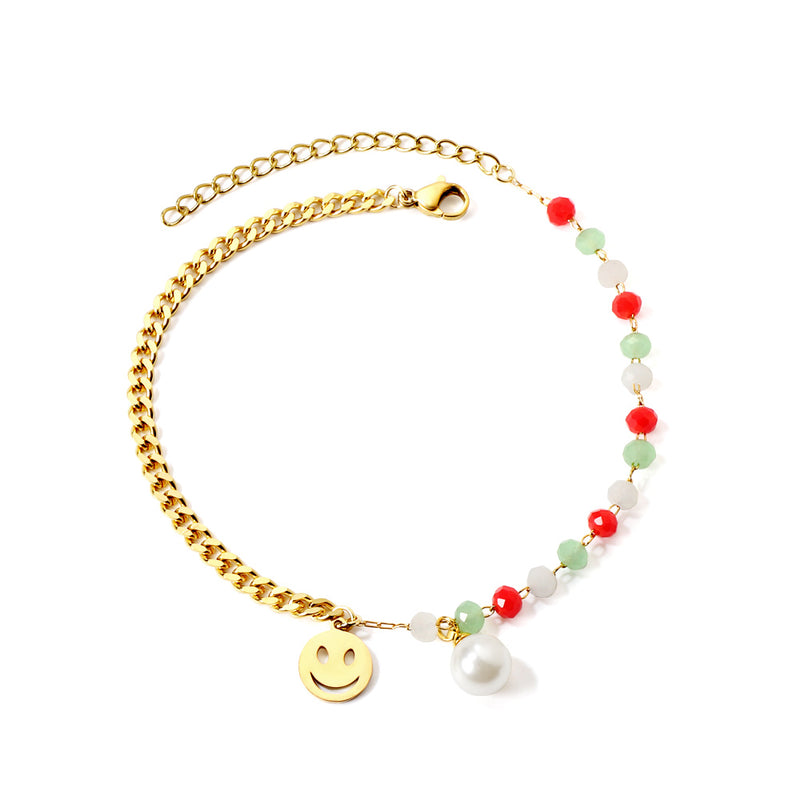 15 mixed color zirconia + semi-matching chain with round smiley face + white pearl anklet 21+5cm gold