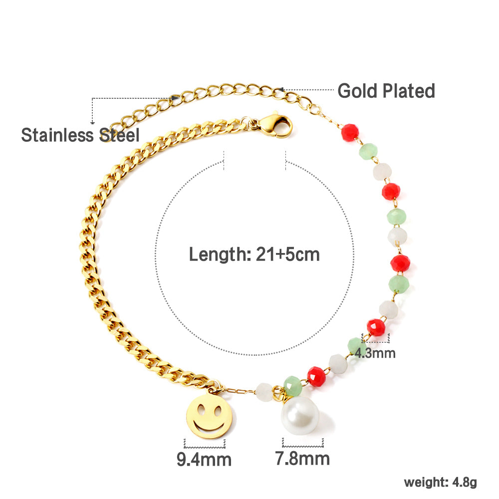 15 mixed color zirconia + semi-matching chain with round smiley face + white pearl anklet 21+5cm gold asonjewelry