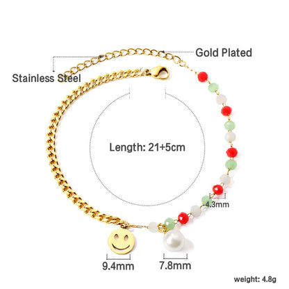 15 mixed color zirconia + semi-matching chain with round smiley face + white pearl anklet 21+5cm gold asonjewelry