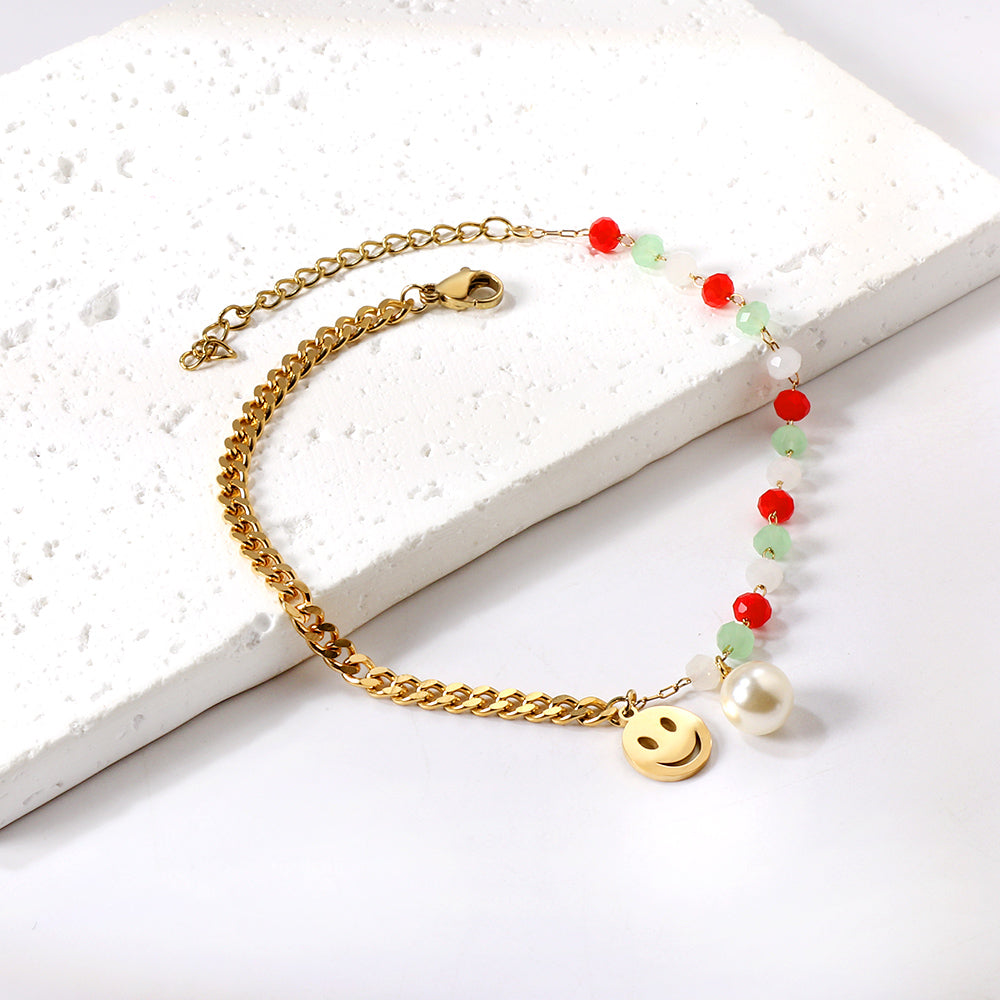 15 mixed color zirconia + semi-matching chain with round smiley face + white pearl anklet 21+5cm gold asonjewelry
