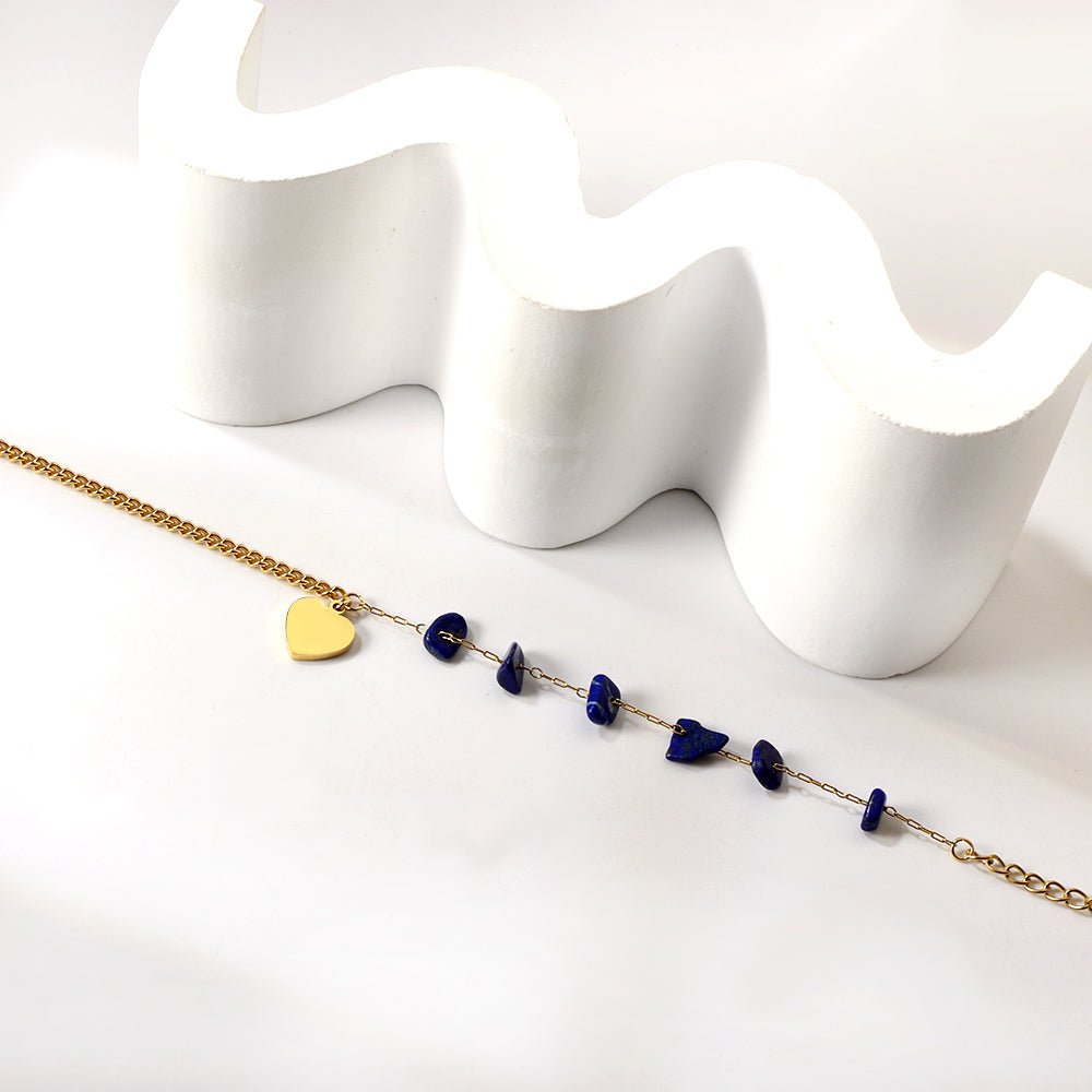 6 Blue Alien Zirconia + Half Matching Chain with Heart Anklet 21+5cm Gold Color asonjewelry