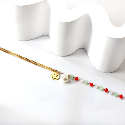 15 mixed color zirconia + semi-matching chain with round smiley face + white pearl anklet 21+5cm gold asonjewelry