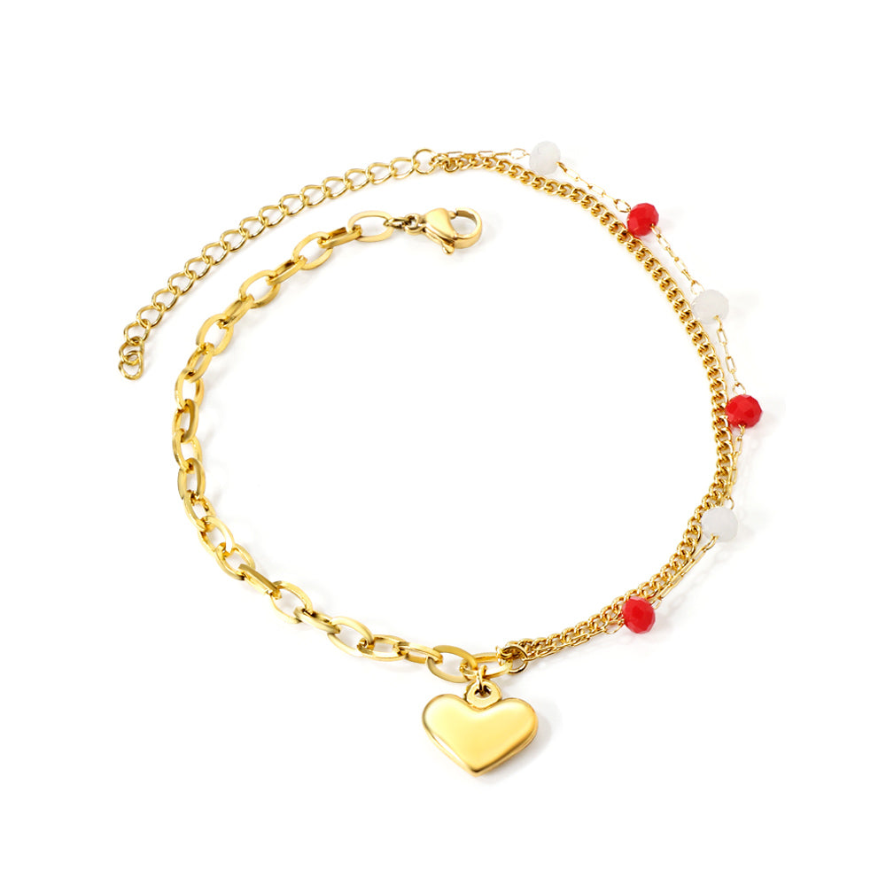 6 mixed color zirconias + semi-matching chain with heart anklet 21+5cm gold color asonjewelry