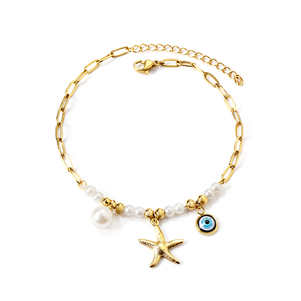 8 white pearls + 6 steel beads with white pearls + starfish + blue eyes anklet 21+5cm gold color asonjewelry
