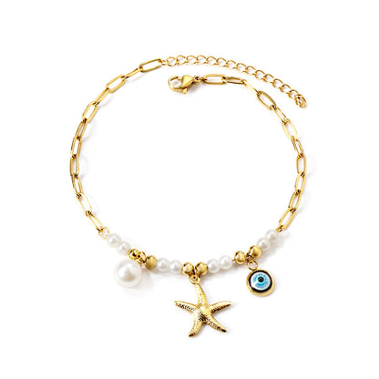 8 white pearls + 6 steel beads with white pearls + starfish + blue eyes anklet 21+5cm gold color asonjewelry